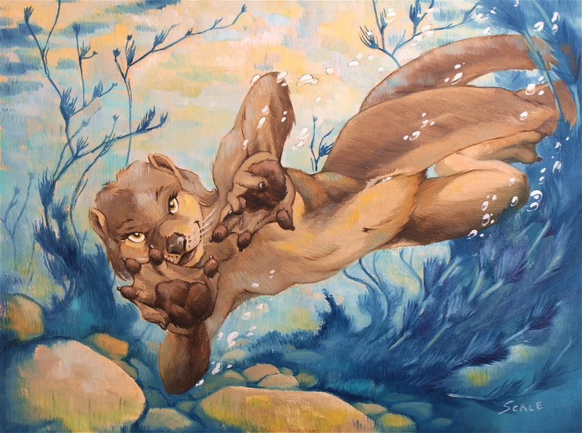 5_fingers anthro breasts brown_pawpads claws featureless_breasts female female_anthro fingers flat_chested genitals membrane_(anatomy) navel nude outside pawpads pussy small_breasts solo underwater water webbed_hands whiskers yellow_eyes scale_(artist) mammal mustelid otter oil_painting_(artwork) painting_(artwork) traditional_media_(artwork)