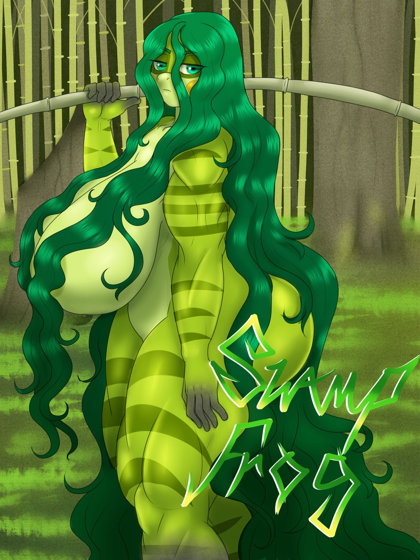 anthro areola big_breasts big_butt biped breasts butt convenient_censorship female green_body green_hair hair hair_covering_breasts huge_breasts long_hair looking_at_viewer nude solo thick_thighs lurking_tyger amphibian frog 3:4 hi_res