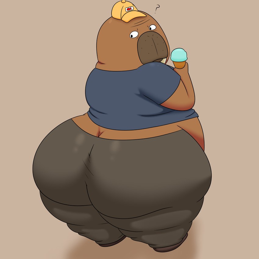 anthro big_butt black_bottomwear black_clothing black_eyes black_footwear black_pants black_shoes blue_clothing blue_shirt blue_t-shirt blue_topwear bottomwear brown_body butt clothed clothing dessert food footwear hat headgear headwear holding_food holding_object huge_butt ice_cream looking_back male obese obese_anthro obese_male orange_background overweight overweight_anthro overweight_male pants question_mark rear_view shirt shoes simple_background solo standing t-shirt teeth thick_thighs topwear tusks yellow_clothing yellow_hat yellow_headwear colossalstars odd_taxi hiroshi_odokawa_(odd_taxi) mammal marine pinniped walrus 1:1 2023 absurd_res digital_media_(artwork) hi_res