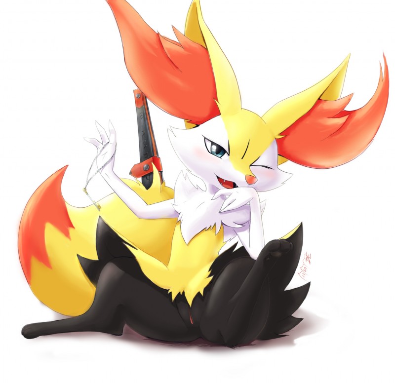 anthro blue_eyes blush fangs female folding_fan fur genitals hand_fan keychain pussy sitting smile solo stick teeth vaginal eryz nintendo pokemon braixen generation_6_pokemon mammal pokemon_(species) hi_res