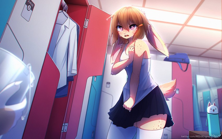 anthro backlighting bottomwear breasts brown_hair bucket buckteeth clothed clothing container detailed_background disembodied_hand duo female fur furgonomics hair holding_object inside light locker_room open_mouth shirt skirt solo_focus standing tail tail_through_skirt tank_top teeth text topwear water_drop wet wet_clothing red3engine yulia_(bakedbunny) lagomorph leporid mammal rabbit 16:10 2020 absurd_res digital_media_(artwork) hi_res lighting shaded url widescreen