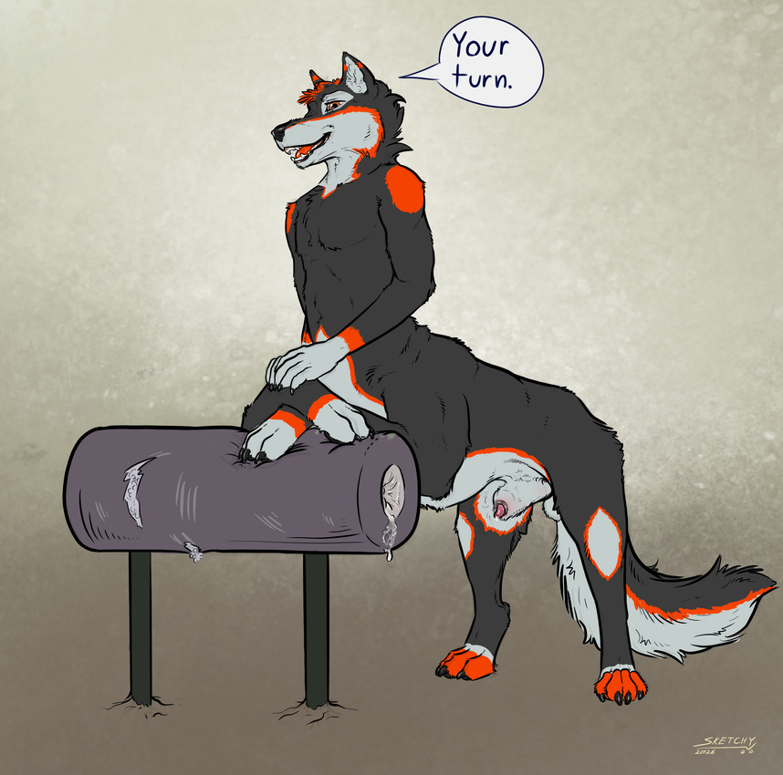 animal_genitalia black_body black_fur black_nose black_sheath_slit black_tail black_tongue breeding_mount fangs fur genitals glistening glistening_eyes gloves_(marking) grey_body grey_fur grey_sheath grey_tail leg_markings looking_at_viewer male male_taur markings nude open_mouth open_smile penis penis_tip quadruped red_eyes red_markings red_penis red_tail sheath sheath_slit simple_background smile socks_(marking) solo tail teeth tongue sketchy_shelby canid canine mammal taur absurd_res hi_res