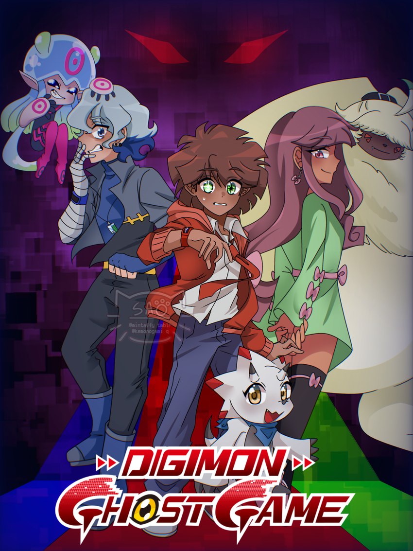 anthro brown_hair female fur grey_hair group hair hair_over_eyes long_ears male ponytail_ears tentacles text white_body yellow_body yellow_fur mintaffy bandai_namco digimon digimon_ghost_game hiro_amanokawa kiyoshiro_higashimitarai ruri_tsukiyono angoramon digimon_(species) gammamon human humanoid jellymon lagomorph leporid mammal rabbit scalie absurd_res english_text hi_res