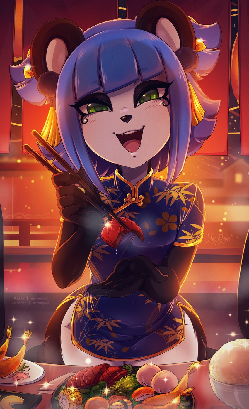 5_fingers anthro asian_clothing black_body black_nose blue_hair blush chinese_clothing chinese_dress chopsticks clothed clothing corn detailed_food dress east_asian_clothing female fingers food green_eyes hair holding_chopsticks holding_food holding_object inside looking_at_viewer plant rice smile solo sushi merunyaa nuwa_nightstone bear giant_panda mammal ursine 2019 detailed digital_media_(artwork) hi_res shaded unavailable_at_source
