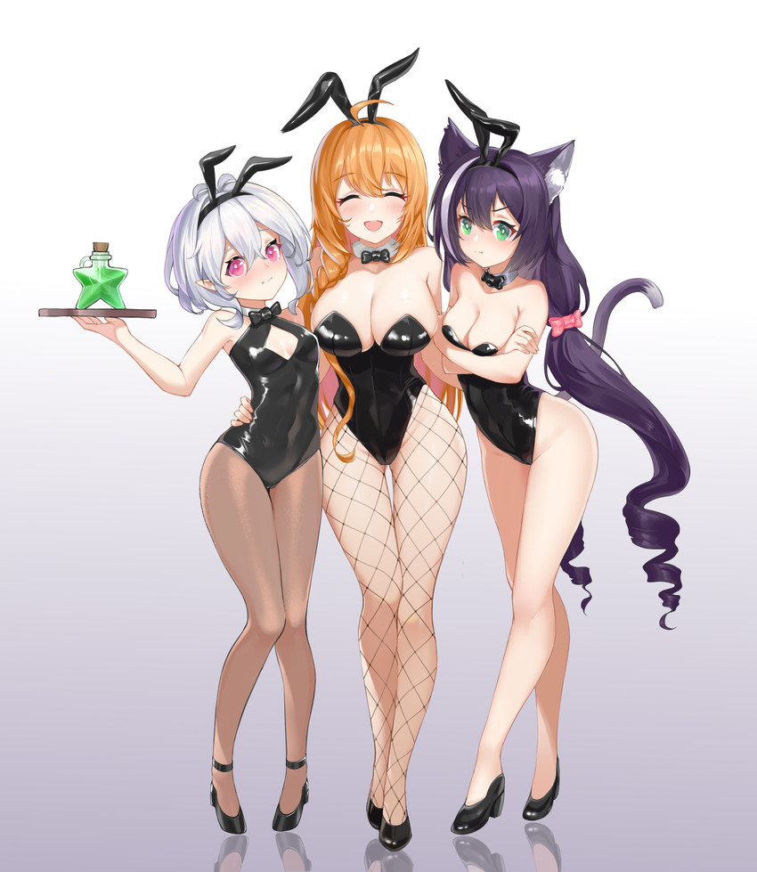 ahoge big_breasts black_body black_fur black_hair blush bow_(feature) bow_in_front bow_tie breasts bunny_costume cleavage cleavage_cutout clothed clothing costume crossed_arms cutout eyebrow_through_hair eyebrows eyelashes eyes_closed fake_ears fake_rabbit_ears female fishnet_clothing fishnet_legwear footwear fur glistening glistening_body glistening_clothing glistening_eyes glistening_skin green_eyes grey_hair group hair hand_around_waist high_heels highlights_(coloring) humanoid_pointy_ears inner_ear_fluff knock-kneed legwear leotard long_hair looking_at_viewer open_mouth orange_hair pink_eyes pointy_ears pouting reflection shirt_collar shoes short_hair simple_background small_breasts standing teeth thick_thighs thigh_gap tight_clothing tongue translucent translucent_hair tuft waiter white_body white_fur white_hair mo_ying_yu cygames princess_connect! princess_connect!_re:dive karyl_(princess_connect!) kokkoro_(princess_connect!) pecorine_(princess_connect!) animal_humanoid cat_humanoid elf felid felid_humanoid feline feline_humanoid human humanoid mammal mammal_humanoid absurd_res hi_res