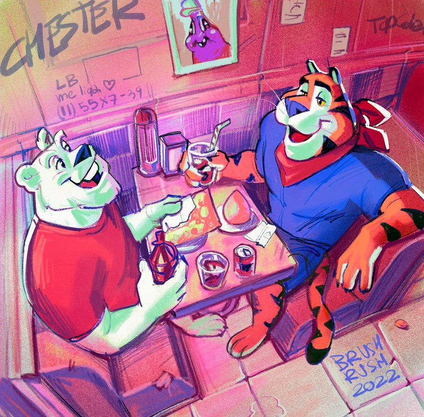 anthro beverage blue_bottomwear blue_clothing blue_shirt blue_topwear bottomwear clothed clothed_anthro clothed_male clothing coxinha duo fingers food kerchief male male_anthro markings mascot orange_body orange_tail red_clothing red_kerchief red_shirt red_topwear shirt striped_body striped_markings striped_tail stripes tail tail_markings teeth text tongue topwear white_body canalbrushrush frosted_flakes kellogg's nestle snow_flakes_(nestle) tony_the_tiger urso_snow bear felid mammal pantherine polar_bear tiger ursine crossover hi_res portuguese_description portuguese_text translated