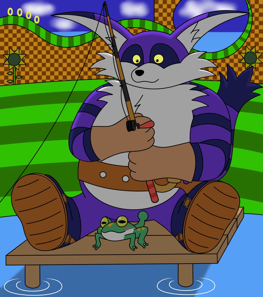 anthro belly belt big_belly clothing duo fishing fishing_rod footwear fur gloves handwear male overweight overweight_anthro overweight_male purple_body purple_fur sandals shoes striped_body striped_fur stripes tail water reggie_rakun sega sonic_the_hedgehog_(series) big_the_cat froggy_(sonic) amphibian domestic_cat felid feline felis frog mammal 2024 absurd_res hi_res shaded soft_shading