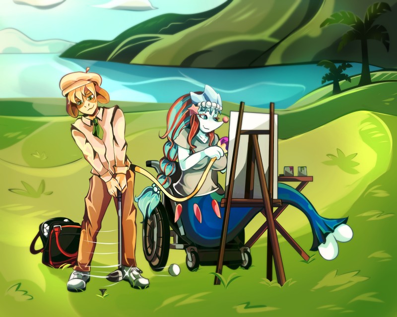 anthro anthrofied breasts clothed clothing date duo female golf male paintbrush_tail painting pokemorph slice_of_life split_form sport starfish_(accessory) vehicle wheelchair artsyrobo nintendo pokemon leo_(velociripper) nani_(velociripper) asterozoan canid canine echinoderm generation_2_pokemon generation_7_pokemon mammal marine pinniped pokemon_(species) primarina smeargle starfish 5:4 absurd_res hi_res