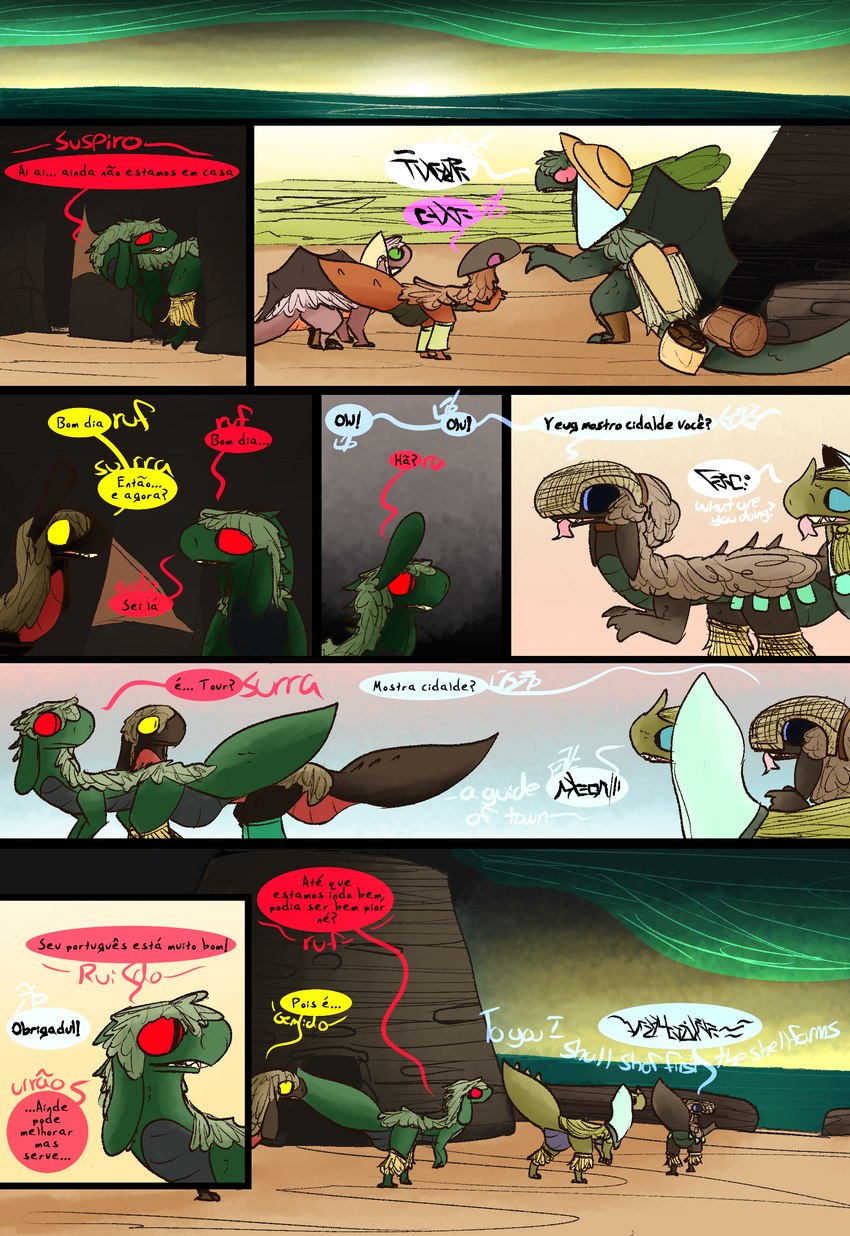 ambiguous_gender desert dialogue fantasy feral language_barrier morning post-apocalyptic tail text thepatchedragon dragonscape mythology garat_(thepatchedragon) joao_(thepatchedragon) kern_(thepatchedragon) lud_(thepatchedragon) omel_(thepatchedragon) dinosaur dragon drekir dromaeosaurid mythological_creature mythological_scalie ormer prehistoric_species reptile scalie theropod absurd_res comic constructed_language fictional_language hi_res portuguese_text