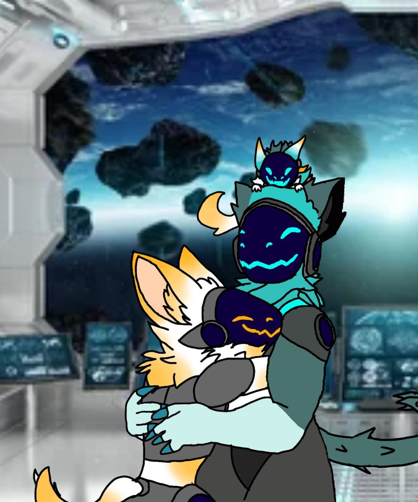 ambiguous_gender family group hug machine male male/male tail trio magnuswander magnus protogen digital_media_(artwork) hi_res