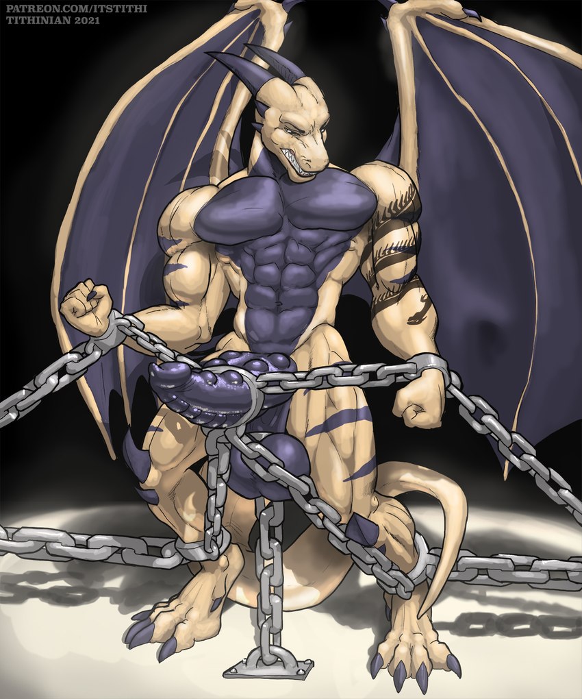 abs angry anthro aroused balls bdsm biceps bondage bound chain erection genitals male pecs penis snarling solo tail tattoo wings tithinian mythology alfa rithe dragon mythological_creature mythological_scalie reptile scalie 5:6 hi_res