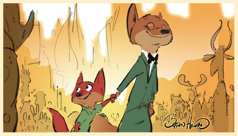 anthro border brown_body brown_fur building city clothed clothing crowd duo_focus fully_clothed fur group male outside red_body red_fur tan_border young byron_howard disney zootopia john_wilde nick_wilde canid canine fox mammal red_fox true_fox concept_art official_art