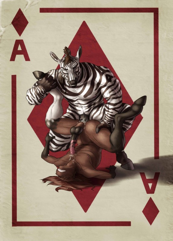 ace_of_diamonds anal anal_penetration animal_genitalia animal_penis anthro balls black_body black_fur black_stripes brown_hair card card_template clenched_teeth diamonds_(suit) duo equine_genitalia equine_penis erection eyes_closed front_view fur genitals hair long_hair male male/male male_penetrated male_penetrating male_penetrating_male multicolored_body multicolored_fur nude penetration penis perineum piledriver_position playing_card playing_card_template sex stripes suit_symbol teeth two_tone_body two_tone_fur white_body white_fur mickey_the_retriever adam_(horse) equid equine horse mammal zebra 2014 hi_res