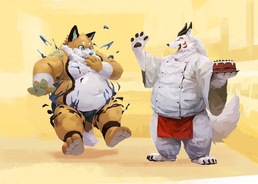 anthro apron belly big_belly bottomwear cake clothing dessert duo eyes_closed food fur inside kemono kitchen male obese obese_male overweight overweight_male pants shirt topwear white_body white_fur racoonwolf canid canine fox mammal 2022 hi_res