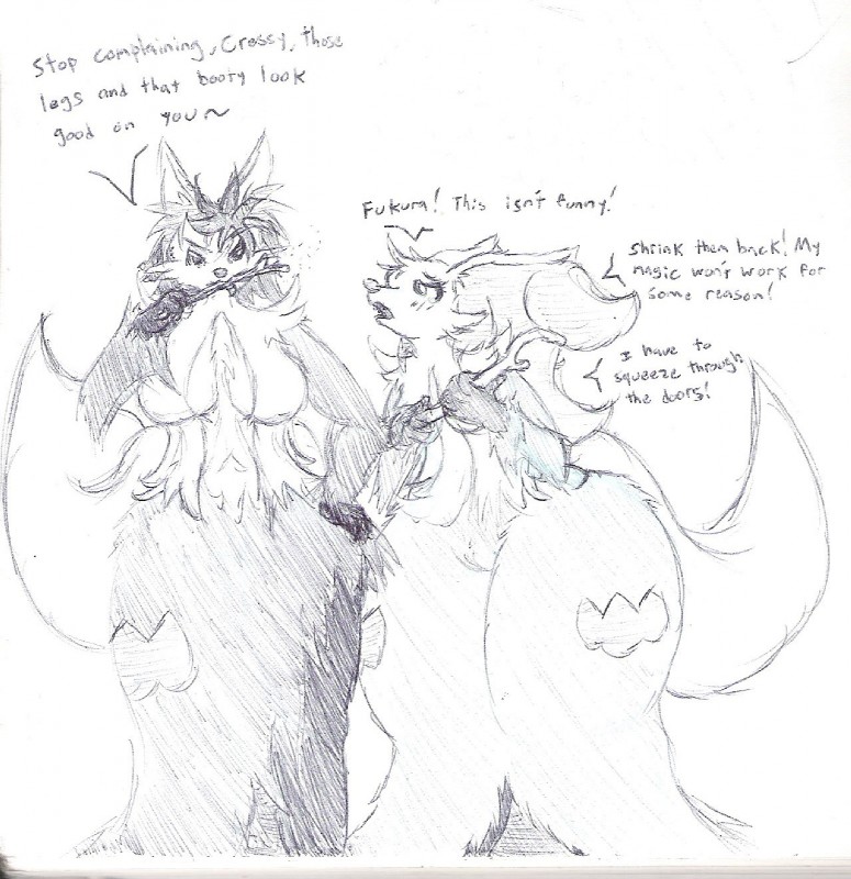 alternate_color anthro anthrofied big_breasts blush bodily_fluids breasts butt butt_expansion dialogue duo expansion female hair hip_expansion inner_ear_fluff pokemorph short_hair stick tears text thick_thighs thigh_expansion tuft wide_hips nooxgard nintendo pokemon crescera fukura canid canine delphox generation_6_pokemon mammal pokemon_(species) shiny_pokemon english_text hi_res monochrome sketch traditional_media_(artwork)