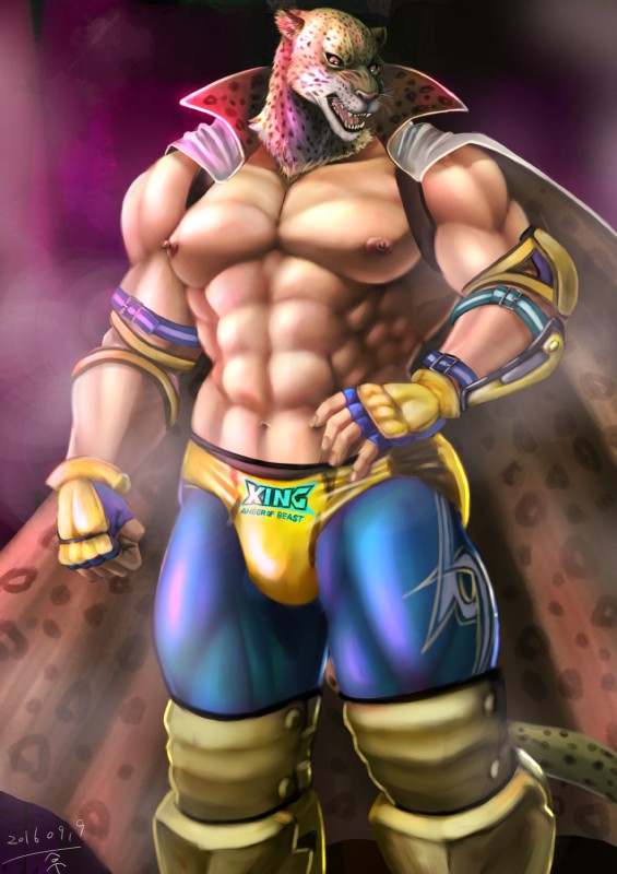 abs areola biceps black_sclera black_spots blue_clothing cape clothing erect_nipples fist for_a_head front_view fur hand_on_hip looking_at_viewer male markings muscular muscular_male navel nipples open_mouth pattern_clothing pecs pink_areola pink_nipples pink_tongue quads red_eyes sharp_teeth solo spots spotted_body spotted_clothing spotted_fur standing teeth tongue whiskers white_body white_fur yellow_body yellow_clothing yellow_fur kkerotix tekken tekken_7 king_(tekken) animal_head animal_humanoid felid humanoid jaguar mammal pantherine 2016 hi_res