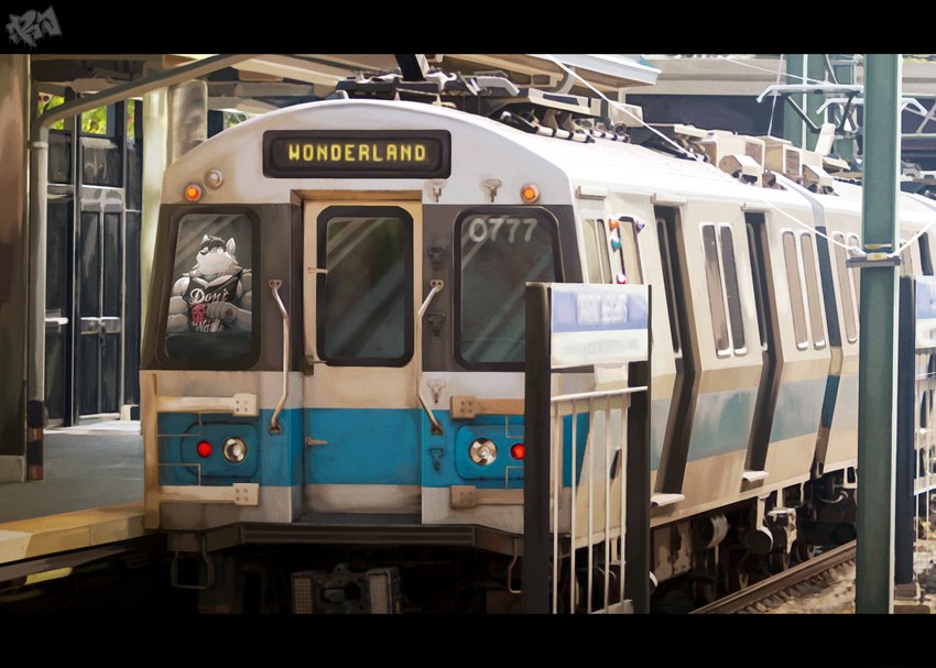 anthro black_hair clothing grey_body hair male railway_track rapid_transit shirt solo tank_top text topwear train_station resondog mbta jake_(jakewolf00) canid canine canis mammal wolf absurd_res hi_res