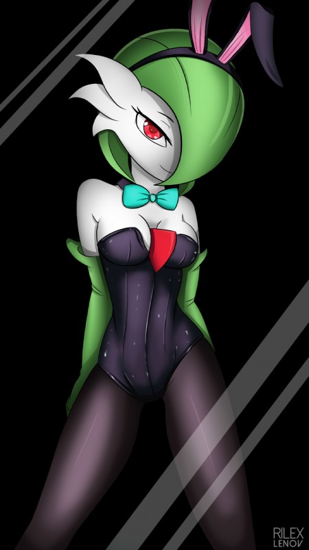 black_background bow_(feature) bow_tie breasts bunny_costume cleavage clothed clothing costume female gloves hair handwear legwear leotard looking_at_viewer not_furry pose red_eyes shirt_collar simple_background smile solo standing stockings rilex_lenov nintendo pokemon midori_(rilex_lenov) gardevoir generation_3_pokemon mammal pokemon_(species) 2016 9:16 hi_res pinup