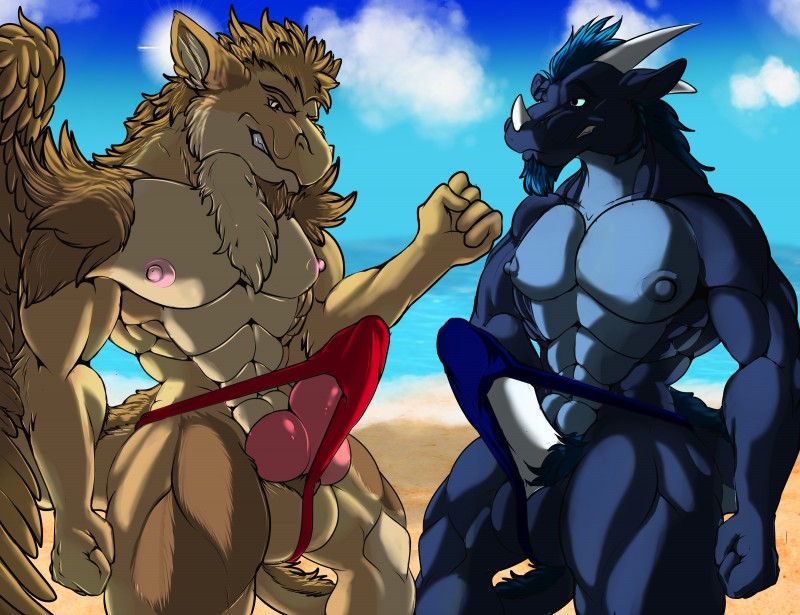 anthro balls beach bulge clothing cloud comparing comparing_penis day detailed_background duo erection facial_hair fur genitals goatee knot male muscular nipples outside penis penis_poking_out sand sea seaside sky speedo swimwear tail teasing tenting water silver_shadowheart mythology vergil_shadowheart viva dragon furred_dragon furred_scalie mythological_creature mythological_scalie scalie hi_res