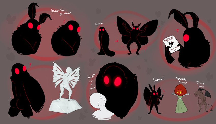 antennae_(anatomy) anthro black_body chibi claws group male pamphlet red_eyes simple_background stare wings himerosthegod anonymous_character flatwoods_monster mothman arthropod cryptid hybrid insect jersey_devil lepidopteran moth hi_res sketch