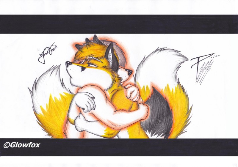 2_tails anthro cuddling duo glowing hug male multi_tail simple_background tail glowfox felipe_rinehart glowfox_(character) canid canine mammal digital_media_(artwork) mixed_media traditional_media_(artwork)