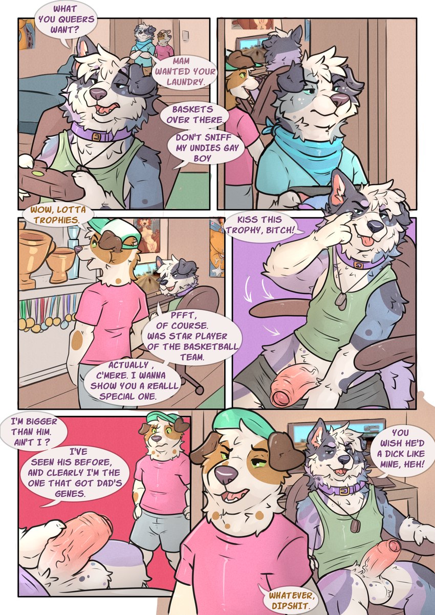 annoyed anthro anthro_on_anthro athletic_wear balls baseball_cap becoming_erect bedroom big_penis bleh bottomwear bottomwear_down bottomwear_pull bulge bullying chair cheek_tuft clothed clothing clothing_pull collar computer computer_monitor controller crossed_arms dialogue dog_tags dominant electronics erection eyelid_pull eyelid_pull_taunt facial_tuft flashing_penis floppy_ears foreskin furniture game_controller genitals gesture group gym_bottomwear gym_shorts half-erect hat headgear headwear holding_penis homophobia homophobic_slur humanoid_genitalia humanoid_penis jewelry kerchief laundry laundry_basket male male/male narrowed_eyes neck_tuft necklace office_chair pants pants_down pantsless partially_clothed penis poster presenting presenting_penis questionable_consent shirt shorts shorts_pull sniffing sniffing_clothes speech_bubble sport submissive submissive_brother tank_top teasing text tongue tongue_out topwear trio trophies tuft underwear underwear_sniffing undressing unretracted_foreskin upset vein veiny_penis video_game_reference baileyx grand_theft_auto grand_theft_auto:_san_andreas rockstar_games border_collie canid canine canis collie domestic_dog herding_dog hunting_dog jack_russell_terrier mammal pastoral_dog sheepdog terrier absurd_res comic english_text hi_res brother_(lore) brothers_(lore) sibling_(lore)