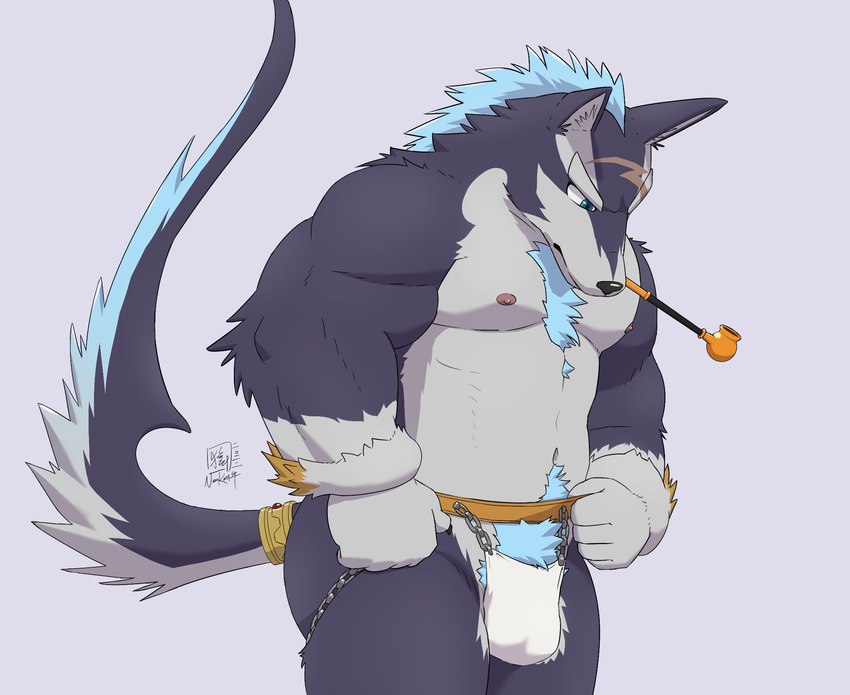 anthro biped black_nose bottomwear bulge clothing humanoid_hands kemono loincloth male moobs nipples overweight overweight_male simple_background solo nookdae bandai_namco tales_of_(series) tales_of_vesperia repede canid canine canis domestic_dog mammal 2022 hi_res