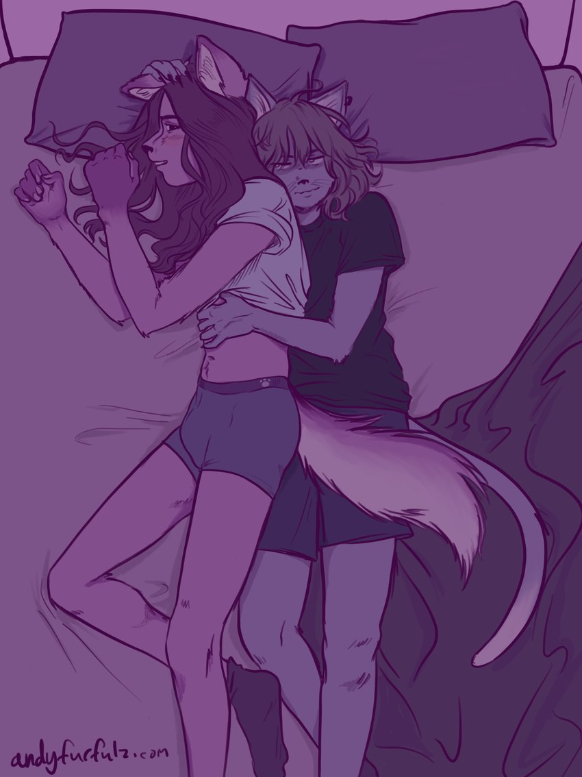 anthro bed bedding belly black_hair blanket body_hair claws clothed clothing cuddling duo ear_piercing footwear fur furniture hair happy_trail hug long_hair looking_at_another lying lying_on_bed male male/male on_bed piercing pillow purple_background raised_clothing raised_topwear romantic romantic_couple simple_background smile socks spooning tail text topwear underwear wavy_hair whiskers andyfurfulz andy_(andyfurfulz) cass_(andyfurfulz) canid canine canis domestic_cat domestic_dog felid feline felis mammal absurd_res digital_drawing_(artwork) digital_media_(artwork) english_text hi_res signature nonbinary_(lore) trans_(lore) trans_man_(lore) trans_woman_(lore)