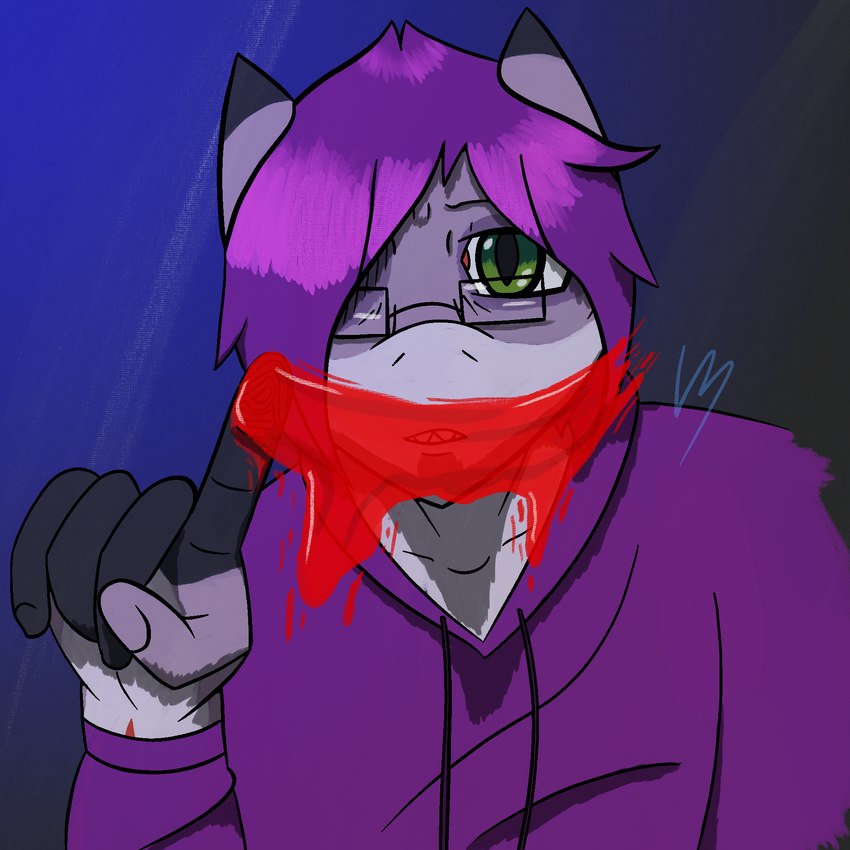 ambiguous_gender anthro blood blood_on_finger blood_painting bodily_fluids clothing emo_haircut eyewear fingernails glasses green_eyes grey_body grey_skin hair hoodie messy_hair nails purple_clothing purple_hair purple_hoodie purple_topwear scar solo topwear wrist_scar r3znor_x derrik_(r3znor_x) fish marine shark 1:1 bust_portrait hi_res portrait