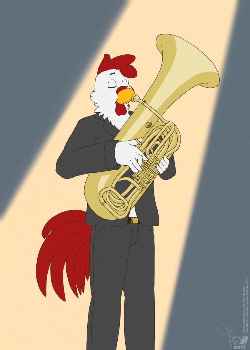 5_fingers anthro beak belt black_bottomwear black_clothing black_eyebrows black_pants black_suit bottomwear brass_instrument cheek_tuft clothing eyebrows eyes_closed facial_tuft feathers fingers head_tuft holding_musical_instrument holding_object male musical_instrument neck_tuft orange_beak pants playing_music playing_tuba red_body red_feathers shirt simple_background solo spotlight suit tail tail_feathers topwear tuba tuft white_body white_clothing white_feathers white_shirt white_topwear wind_instrument sammfeatblueheart avian bird chicken galliform gallus_(genus) phasianid 2019 flat_colors hi_res signature