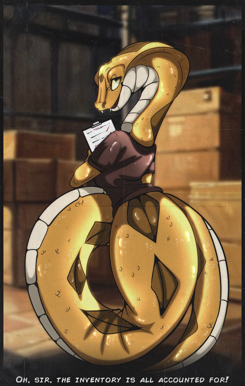 anthro apode clothing female inside legless markings rear_view scales serpentine shirt smile solo striped_markings striped_tail stripes tail tail_markings topwear yellow_body yellow_eyes 0l-fox-l0 draconcopode naga reptile scalie snake absurd_res hi_res