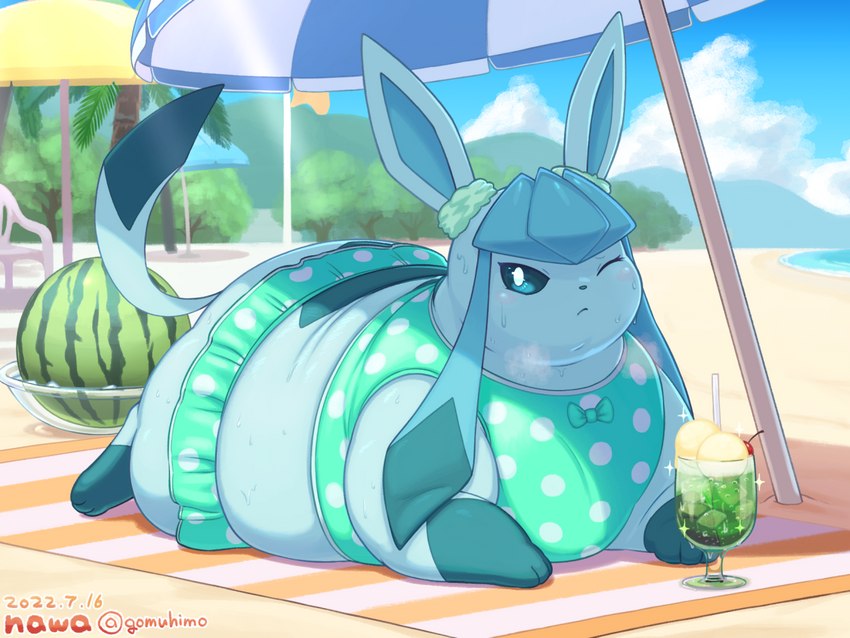 beach beach_towel beverage bikini blue_eyes blush bodily_fluids bow_(feature) butt clothed clothed_feral clothing dessert detailed_background female feral food fruit fully_clothed ice_cream lying melon morbidly_obese morbidly_obese_female morbidly_obese_feral obese obese_female obese_feral on_front one_eye_closed outside overweight overweight_female overweight_feral plant polka_dots seaside solo sweat swimwear tankini towel two-piece_swimsuit watermelon nawa nintendo pokemon eeveelution generation_4_pokemon glaceon pokemon_(species) 2022 4:3 dated