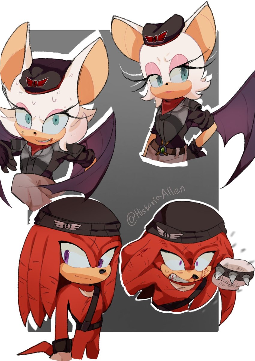 anthro blood bodily_fluids clothing duo eyeshadow female fur hat headgear headwear makeup membrane_(anatomy) membranous_wings red_body simple_background smile sweat tan_body tan_skin white_body white_fur wings historiaallen netflix sega sonic_prime sonic_the_hedgehog_(series) knuckles_the_echidna rebel_rouge renegade_knucks rouge_the_bat bat echidna mammal monotreme hi_res signature