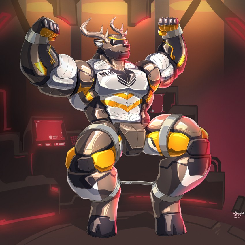 abs anthro barazoku biceps big_muscles biped cuff_(restraint) flexing flexing_bicep handcuffs huge_muscles leg_cuffs machine male mech_suit mecha metal_cuffs muscular muscular_anthro muscular_male pecs restraints solo spreader_bar glaucablitz sukia_cervio deer mammal 1:1 2024 hi_res