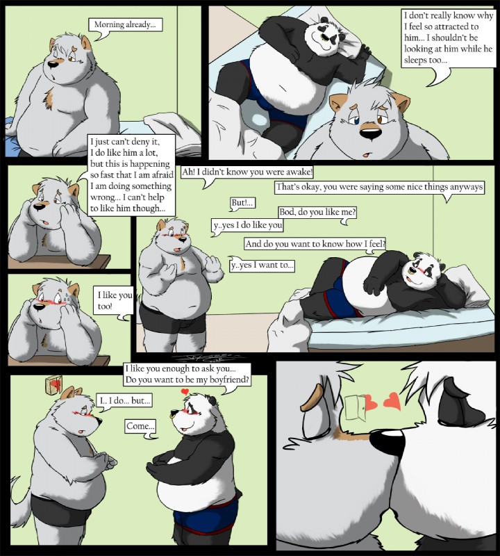 anthro belly blush chest_tuft clothed clothing dialogue fur heart_symbol heterochromia inside kissing male male/male overweight romantic romantic_couple skimpy slice_of_life tail text topless tuft jakegr bod kanon bear canid canine canis domestic_dog giant_panda mammal comic english_text hi_res