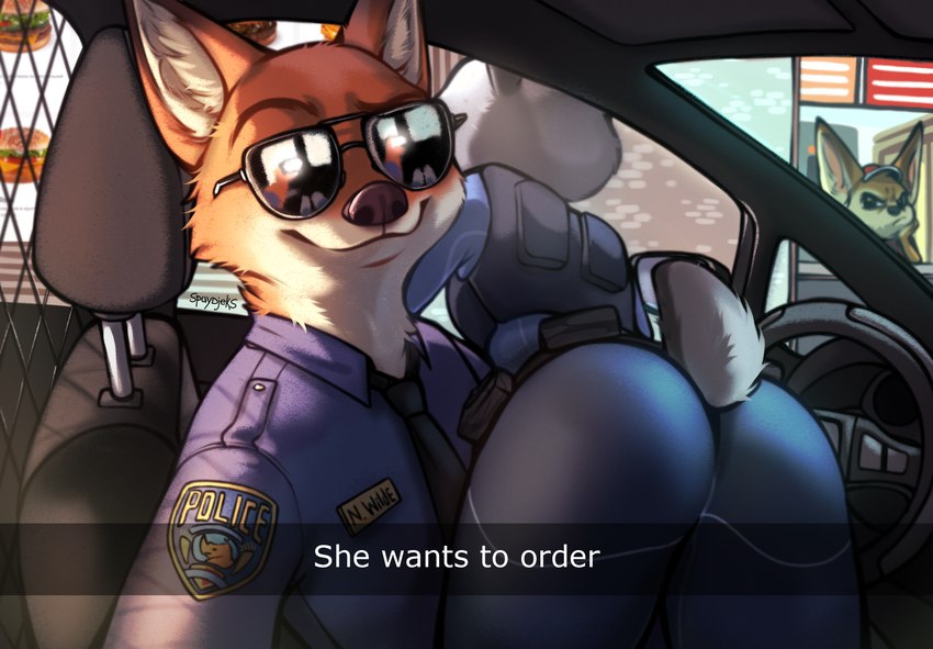 anthro big_butt butt car_interior clothing countershading duo_focus eyewear female group inner_ear_fluff looking_at_viewer male police police_uniform scut_tail selfie short_tail sunglasses tail text tuft uniform spuydjeks disney he_wants_to_order snapchat zootopia finnick_(zootopia) judy_hopps nick_wilde canid canine fennec_fox fox lagomorph leporid mammal rabbit red_fox true_fox 2022 digital_media_(artwork) english_text hi_res meme