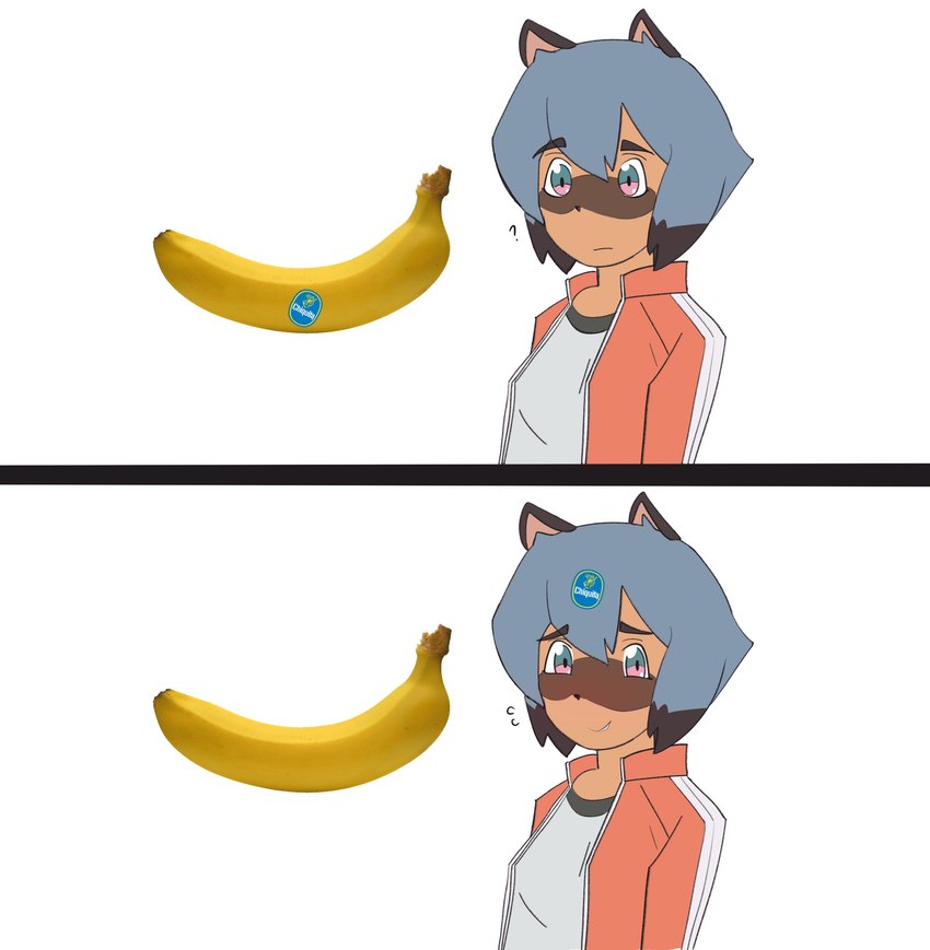 anthro banana blue_hair blush brown_body brown_fur clothed clothing female food fruit fruit_sticker fur hair humor looking_at_viewer plant question_mark simple_background smile smiling_at_viewer solo sticker stickers_on_face white_background keccubus brand_new_animal chiquita_(brand) studio_trigger michiru_kagemori canid canine mammal raccoon_dog tanuki absurd_res digital_media_(artwork) hi_res