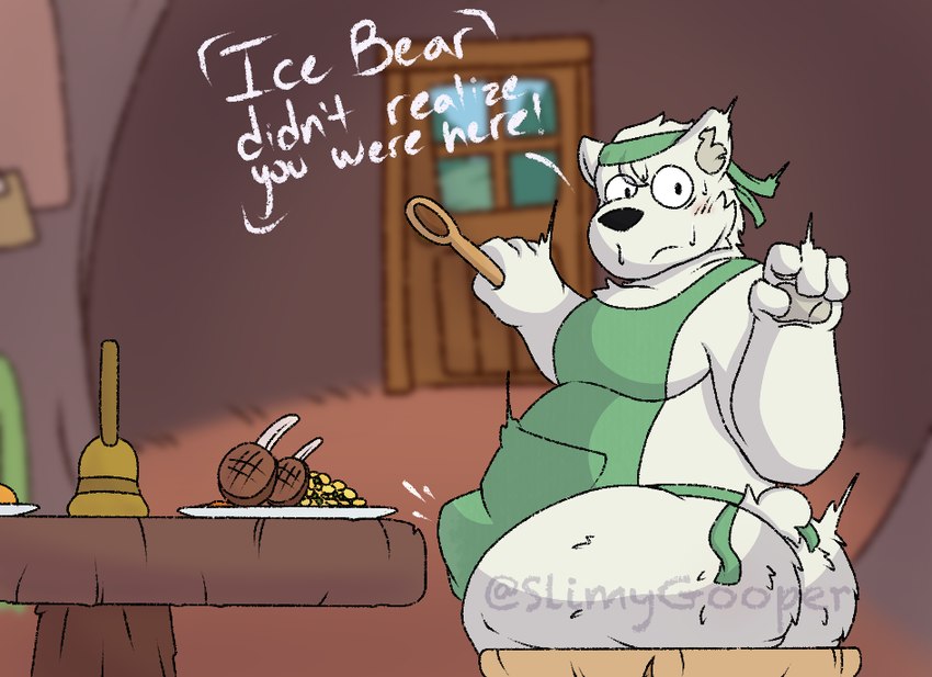 anthro apron butt chair clothing erection furniture male solo table hornypurpproto slimygooper cartoon_network we_bare_bears ice_bear_(we_bare_bears) bear mammal polar_bear ursine