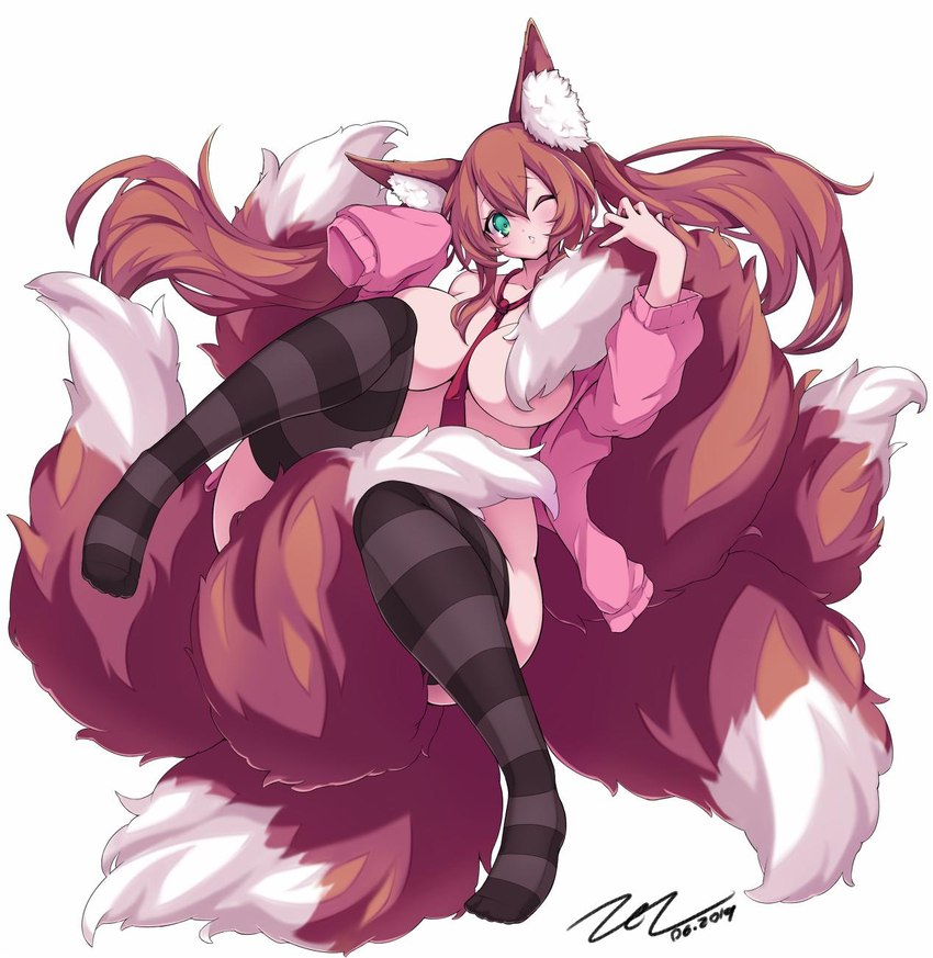 7_tails big_breasts breasts brown_hair clothed clothing female fluffy fluffy_tail footwear green_eyes hair inner_ear_fluff jacket legwear looking_at_viewer multi_tail necktie necktie_between_breasts one_eye_closed pattern_clothing pattern_footwear pattern_legwear pattern_socks pattern_thigh_highs pattern_thigh_socks simple_background slight_blush socks solo striped_clothing striped_footwear striped_legwear striped_socks striped_thigh_highs striped_thigh_socks stripes tail thigh_highs thigh_socks topwear tuft white_background white_inner_ear_fluff year zel_(artist) plushmallow animal_humanoid canid canid_humanoid canine canine_humanoid fox_humanoid humanoid mammal mammal_humanoid 2019 hi_res signature