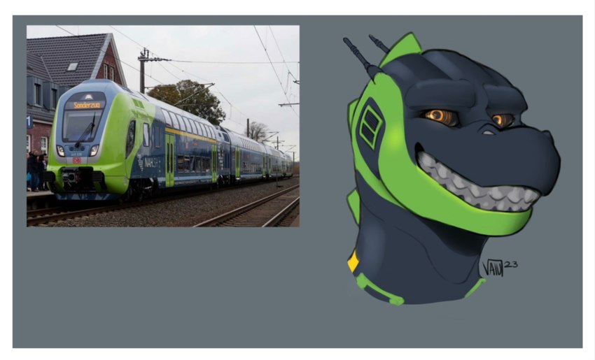 black_body black_sclera bombardier_twindexx_vario border clenched_teeth dorsal_ridge electric_railcar forced_smile german germany green_body green_markings grey_background grey_teeth looking_at_viewer machine male markings multicolored_body orange_eyes pantograph photo pupils railcar reference_image simple_background smile solo teeth train two_tone_body vehicle white_border yellow_markings sketchingvalu bombardier deutsche_bahn how_to_dragon_your_train mythology dragon hybrid living_machine living_train living_vehicle locomorph mythological_creature mythological_scalie reptile scalie 2023 digital_drawing_(artwork) digital_media_(artwork) headshot_portrait hi_res meme portrait signature