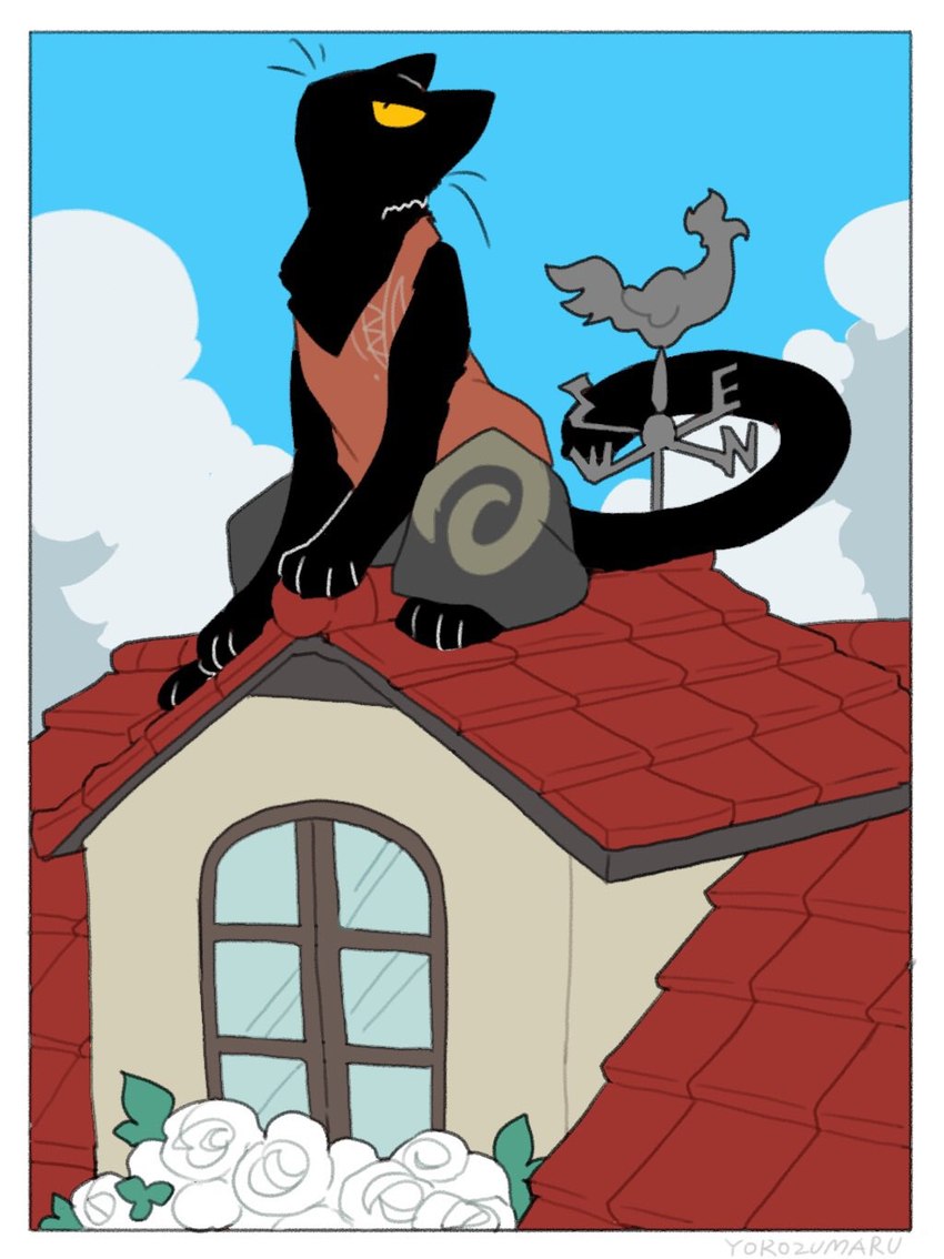 ambiguous_gender black_body clothed clothing cloud paws rooftop solo tail whiskers window yellow_eyes yorozumaru urushi_(yorozumaru) domestic_cat felid feline felis mammal 2021 hi_res