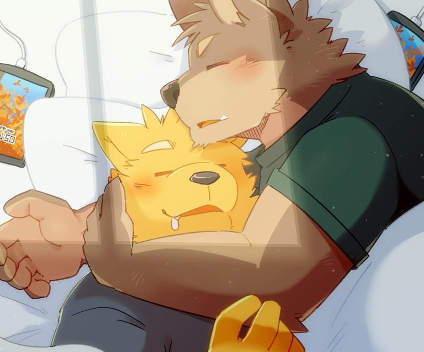 anthro bed black_nose blush bodily_fluids brown_body cellphone clothing cuddling drooling duo electronics eyes_closed furniture hug humanoid_hands kemono lying phone pillow saliva shirt sleeping smartphone topwear green_bell canid canine canis domestic_dog mammal 2022