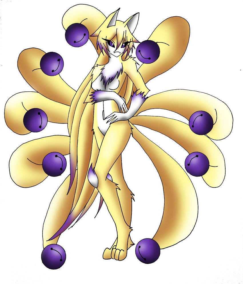 anthro arm_tuft bell black_sclera blonde_hair breasts chest_tuft claws featureless_breasts featureless_crotch female fur hair hand_on_hip jingle_bell knee_tuft leg_tuft long_hair looking_at_viewer multi_tail noseless nude purple_body purple_claws purple_eyes purple_fur purple_hair simple_background solo tail tuft white_background white_body white_fur yellow_body yellow_fur nikku_lunatique asian_mythology east_asian_mythology mythology ouko_furinji canid canine canis fox fox_spirit mammal hi_res