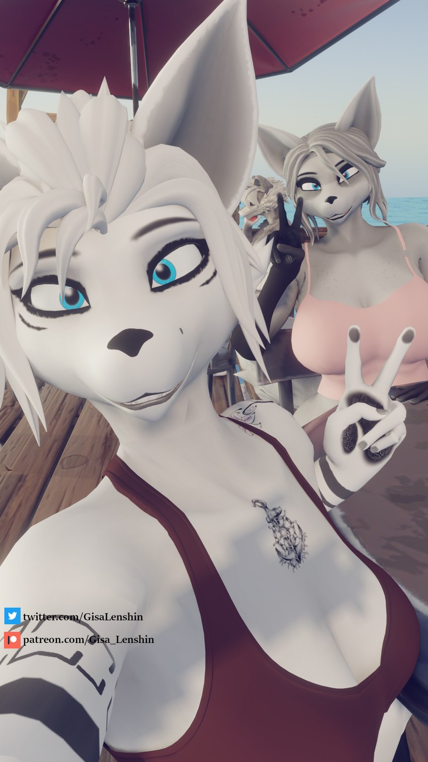 anthro beach big_breasts blue_eyes breasts cleavage clothed clothing duo female female/female fur gesture group group_photo hand_gesture mature_female selfie sky small_breasts tattoo v_sign vacation white_body white_fur gisa_lenshin warfare_machine abby_(domibun) maxine_(domibun) canid canine fox mammal 3d_(artwork) 9:16 digital_media_(artwork) hi_res