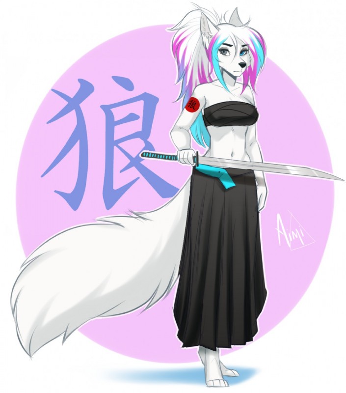 anthro breasts clothed clothing female fur hair looking_at_viewer melee_weapon simple_background solo standing sword weapon aimi eytha canid canine canis mammal wolf digital_media_(artwork) hi_res shaded