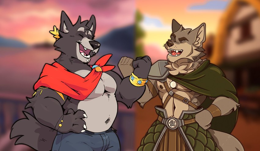 anthro armor belly blurred_background cape cheek_tuft chest_tuft clothed clothing countershading cuff_(restraint) duo eyes_closed facial_piercing facial_tuft fangs fur grey_body head_tuft jewelry labret_piercing lip_piercing male multicolored_body multicolored_fur muscular muscular_anthro muscular_male navel nipples partially_clothed pendant piercing restraints smile tan_body teeth touching_arms tuft two_tone_body two_tone_fur wrist_cuffs haps kael_tiger marcydragonwolf adastra adastra_(series) echo_project far_beyond_the_world_(series) amicus_(adastra) ranok_(far_beyond_the_world) canid canine canis mammal wolf crossover hi_res