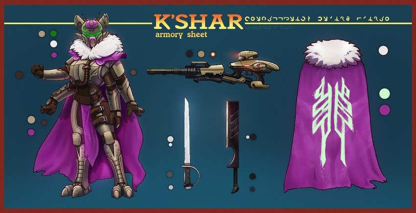 4_arms anthro armor armory big_sword blade bottomwear cabal_sword cape clothed clothing female footwear full_armor gloves green_visor gun handgun handwear headgear helmet house_of_light legwear looking_at_viewer melee_weapon multi_arm multi_eye multi_limb pelted plate plate_armor purple_clothing ranged_weapon rifle shoulder_pads simple_background sniper_rifle solo sword text topwear weapon warrnet destiny_(video_game) fan_character k'shar alien arachnid arthropod eliksni mammal digital_media_(artwork) english_text hi_res model_sheet