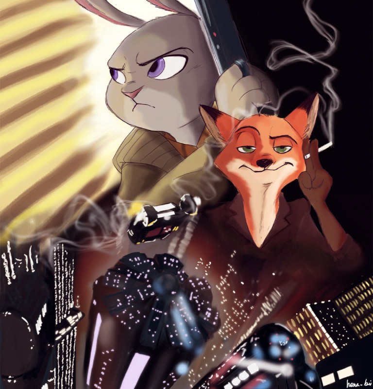 anthro cigarette duo female fur gun handgun male pistol ranged_weapon smoking weapon kenalbus blade_runner disney zootopia judy_hopps nick_wilde rachael_(blade_runner) rick_deckard canid canine fox lagomorph leporid mammal rabbit red_fox replicant true_fox 2017 hi_res