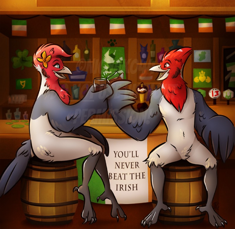 alcohol anthro bar beak beer beverage duo feathers female ireland male male/female manukoa open_mouth pose pub sitting smile text wings nicnak044 avian bird digital_media_(artwork) english_text