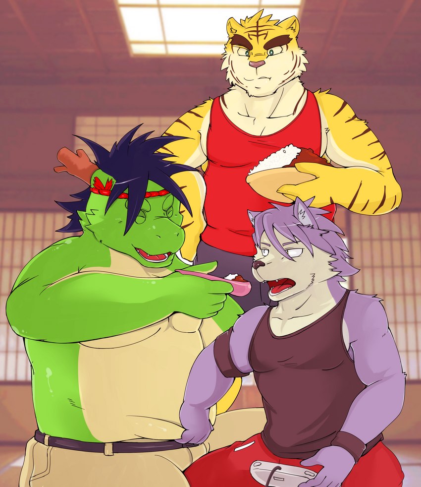 belly belly_grab bottomwear clothing eating eyes_closed food green_body grope group hood humanoid_hands kemono male overweight overweight_male pants shirt sitting topwear yellow_body aretna asian_mythology east_asian_mythology morenatsu mythology kouya_(morenatsu) tatsuki_(morenatsu) torahiko_(morenatsu) canid canine canis domestic_dog dragon eastern_dragon felid husky mammal mythological_creature mythological_scalie nordic_sled_dog pantherine scalie spitz tiger 2015 hi_res